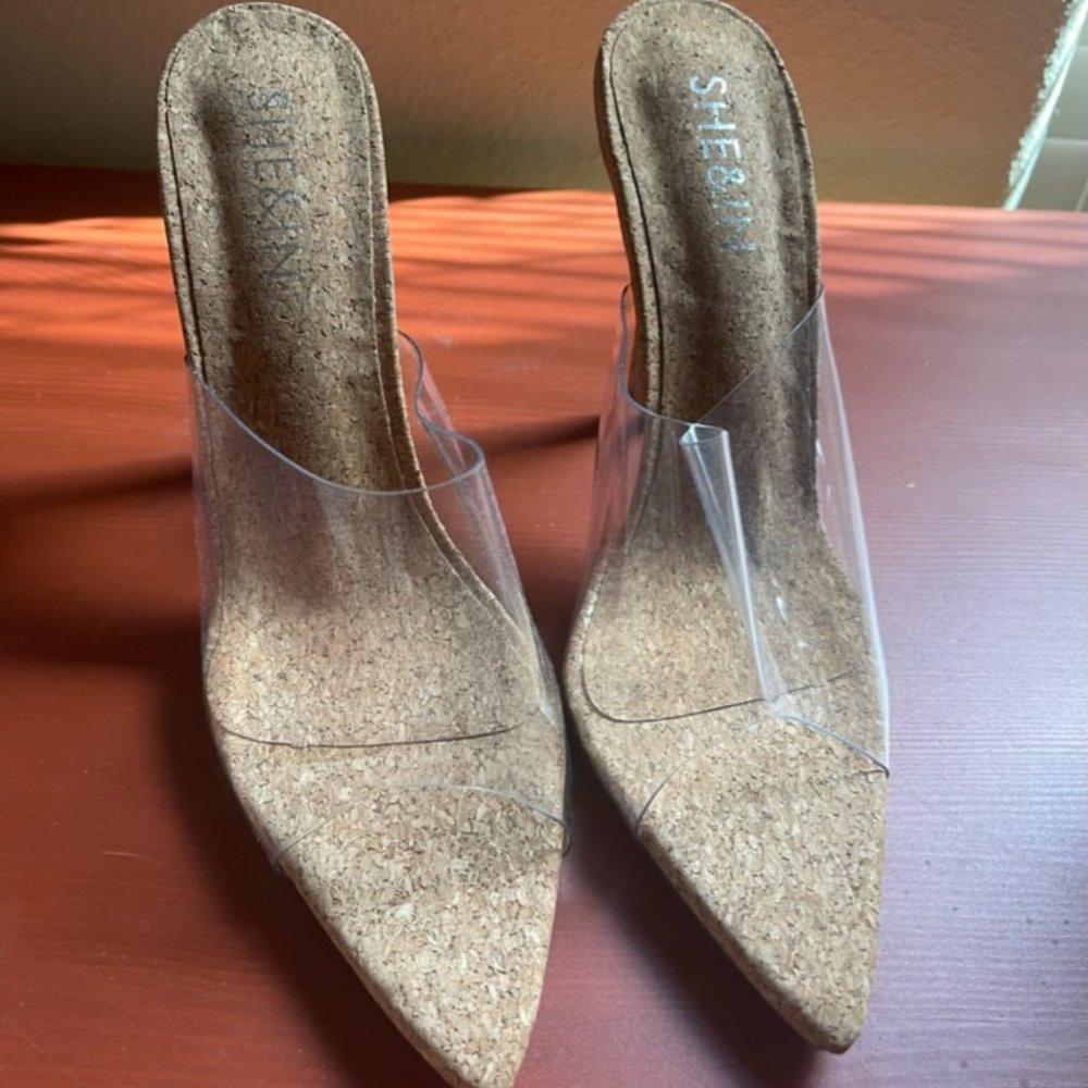 NWOT Womens Clear Cork Shein Stiletto Slip on heels